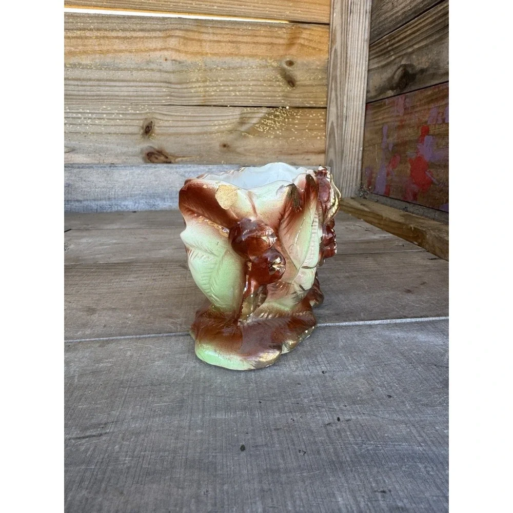Vintage 40s-50s Ceramic Planter Vase Pomegranate And Leaves Gold Accents Crazing
